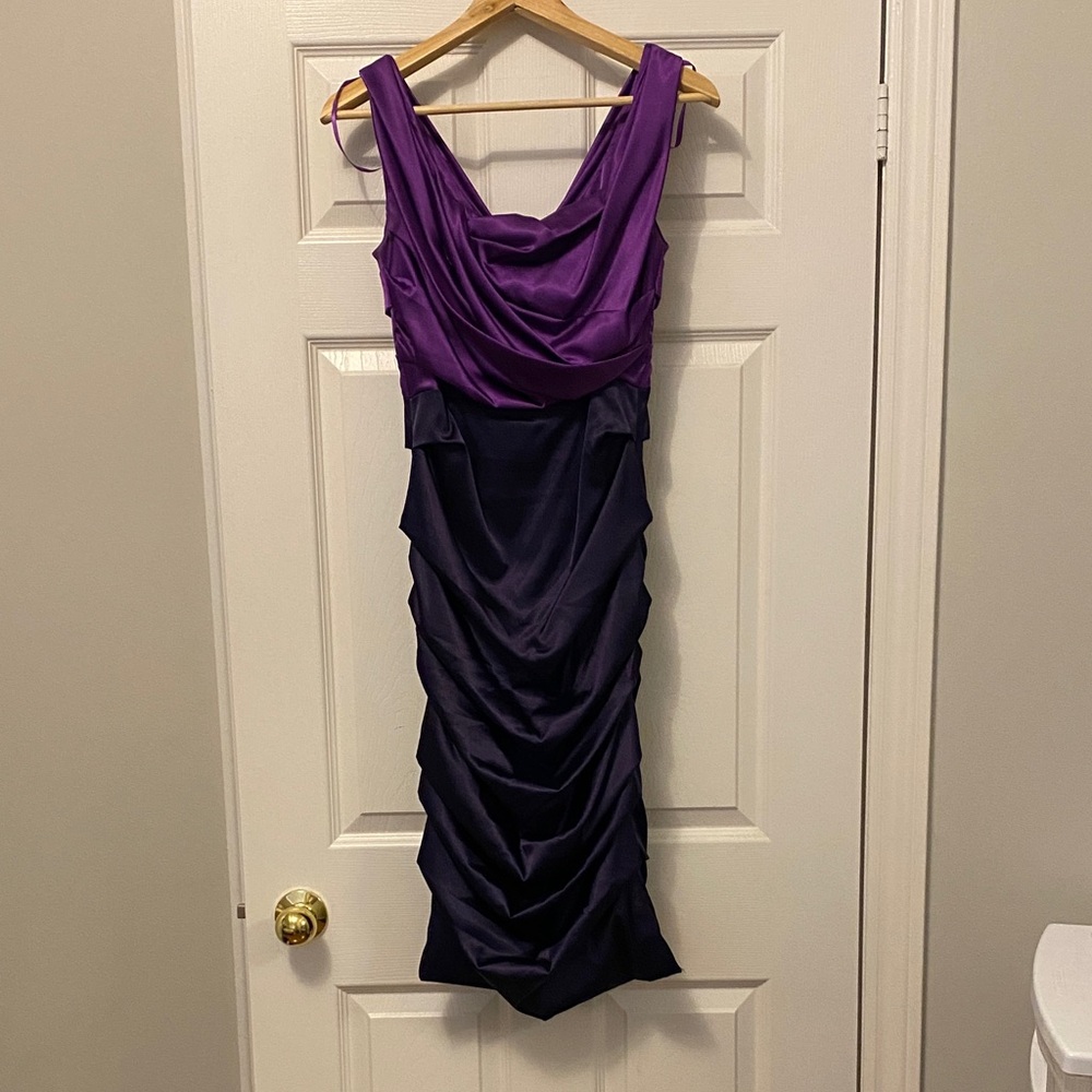 Le Chateau Ruched Purple and Blue Sheath Midi Dress